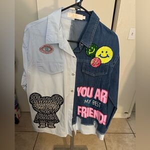 Two-Tone Denim and White Jacket with Graphic Patches